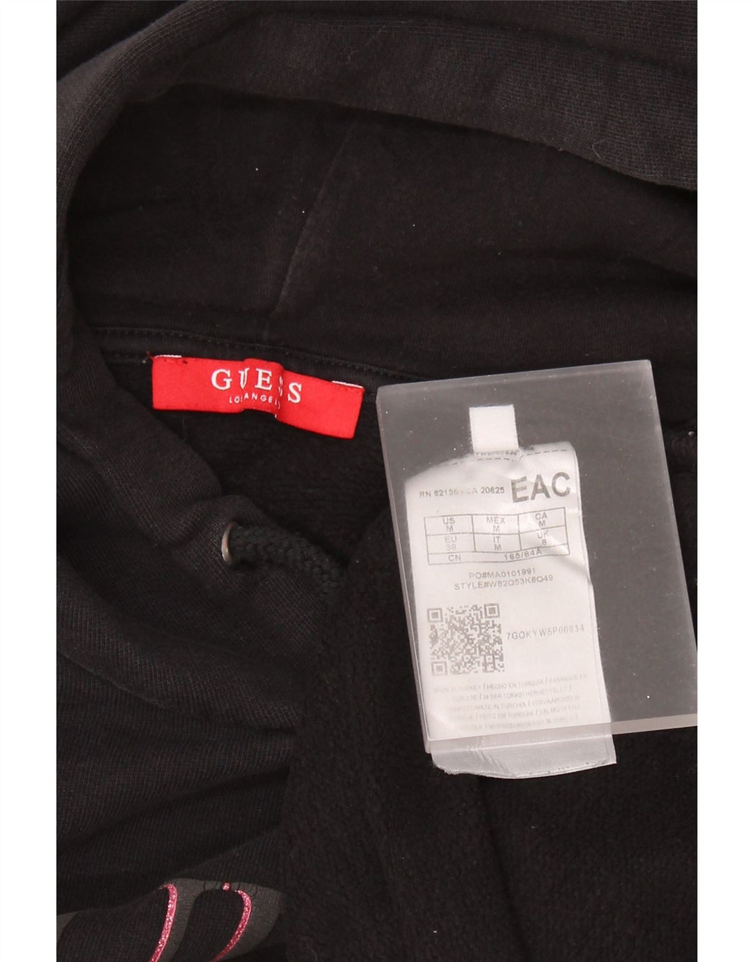 Damska bluza z kapturem GUESS, oversize, z rękawami 3/4 i grafiką, UK 8, mała czarna