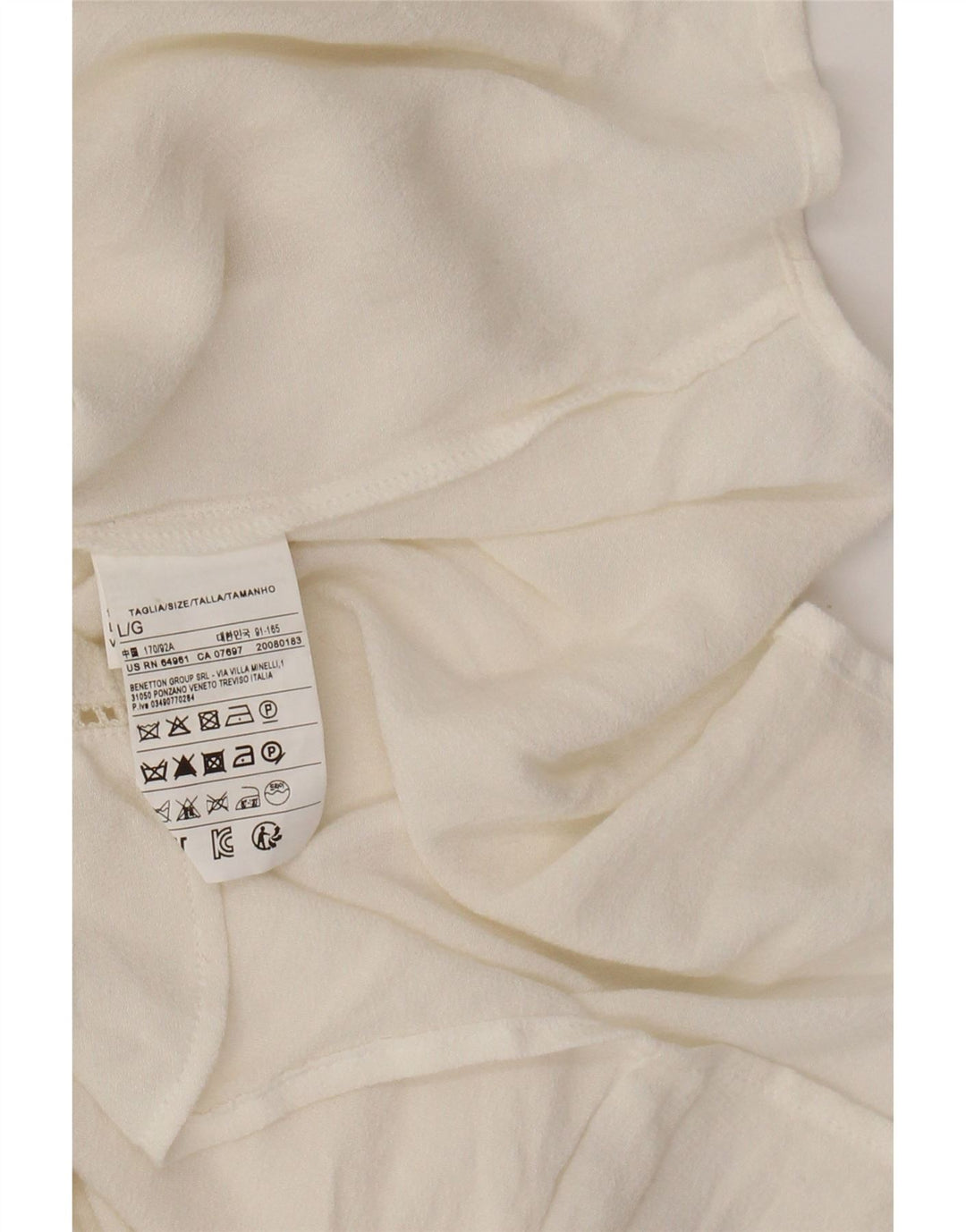 Damska bluzka koszulowa z muszką BENETTON UK 16, duża, biała wiskoza z blokami kolorów