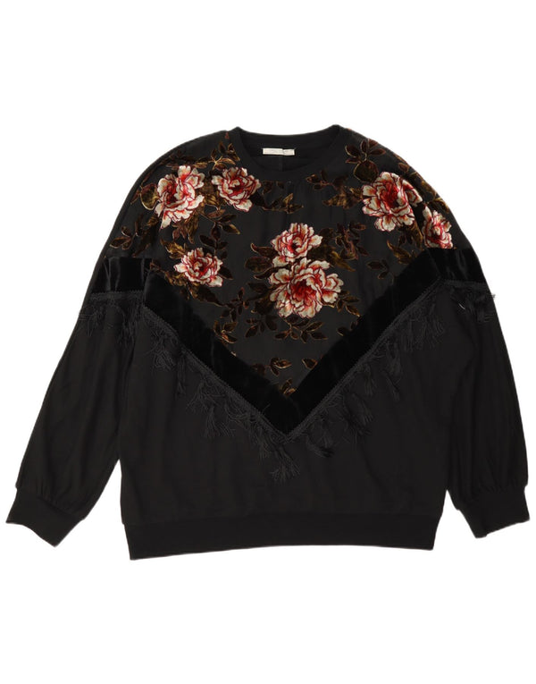 Damski sweter oversize z okrągłym dekoltem Zara UK 10, mały, czarny w kwiaty