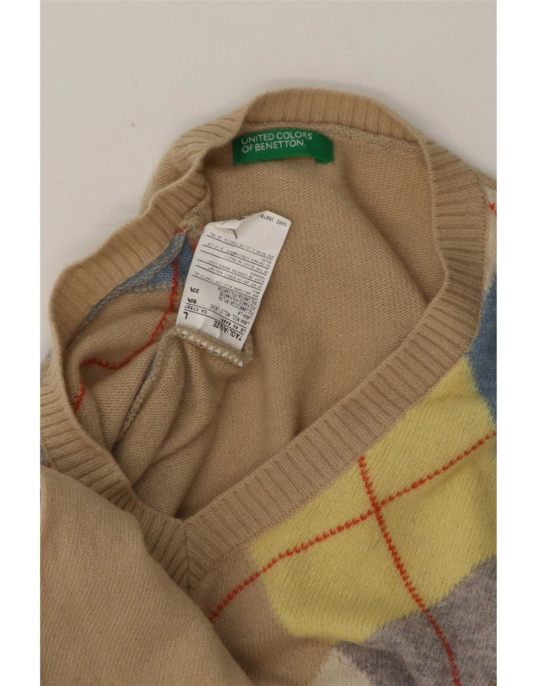 Męski sweter z dekoltem w kształcie litery V, Benetton, duży, beżowy, argyle/diamentowa wełna