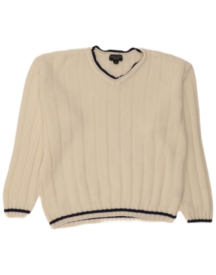 VINTAGE Mens V-Neck Jumper Sweater EU 52/54 Large White Polyacrylic