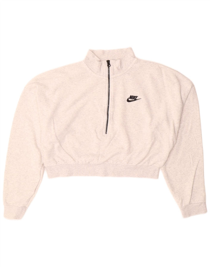 NIKE Womens Crop Zip Neck Sweatshirt Jumper UK 14 Medium White Cotton