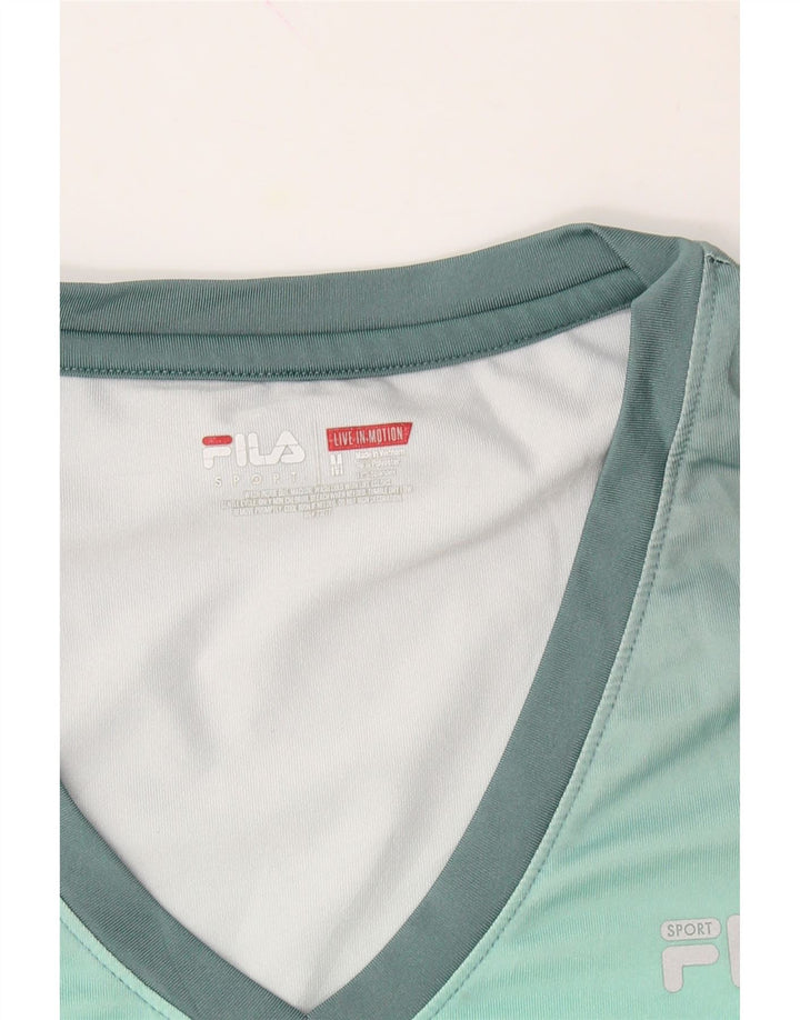 FILA Womens T-Shirt Top UK 12 Medium Turquoise Colourblock Polyester Vintage Fila and Second-Hand Fila from Messina Hembry 