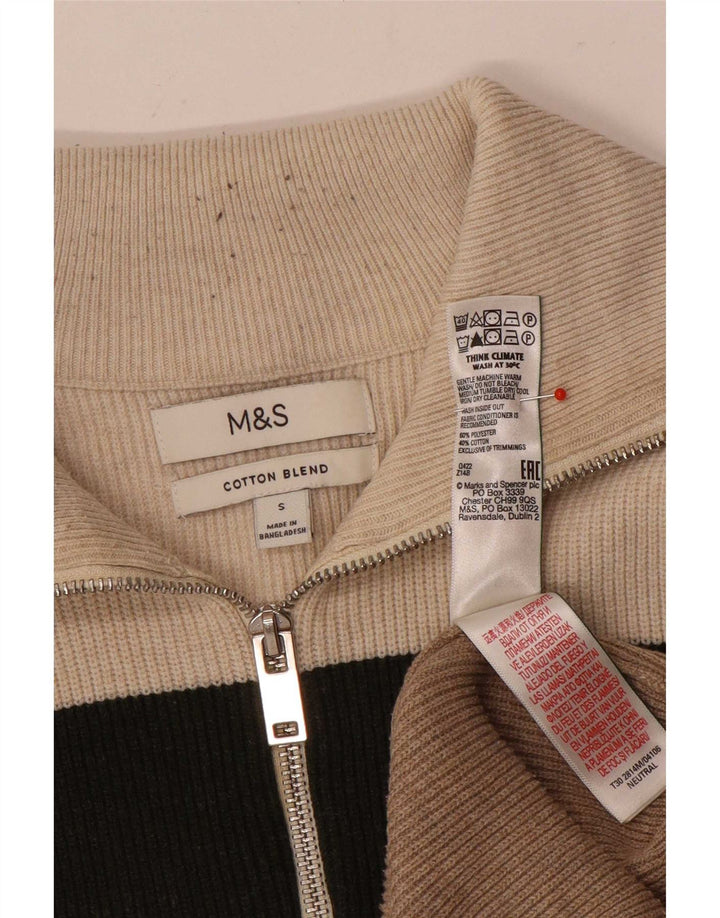 Marks & Spencer Męski sweter z zamkiem błyskawicznym, mały, beżowy, z blokami kolorów