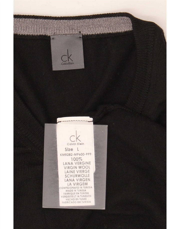 Męski sweter Calvin Klein z dekoltem w kształcie litery V, duży, czarny, z dziewiczej wełny