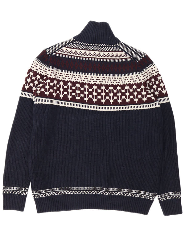 Marks & Spencer Mens Zip Neck Jumper Sweater Large Navy Blue Fair Isle