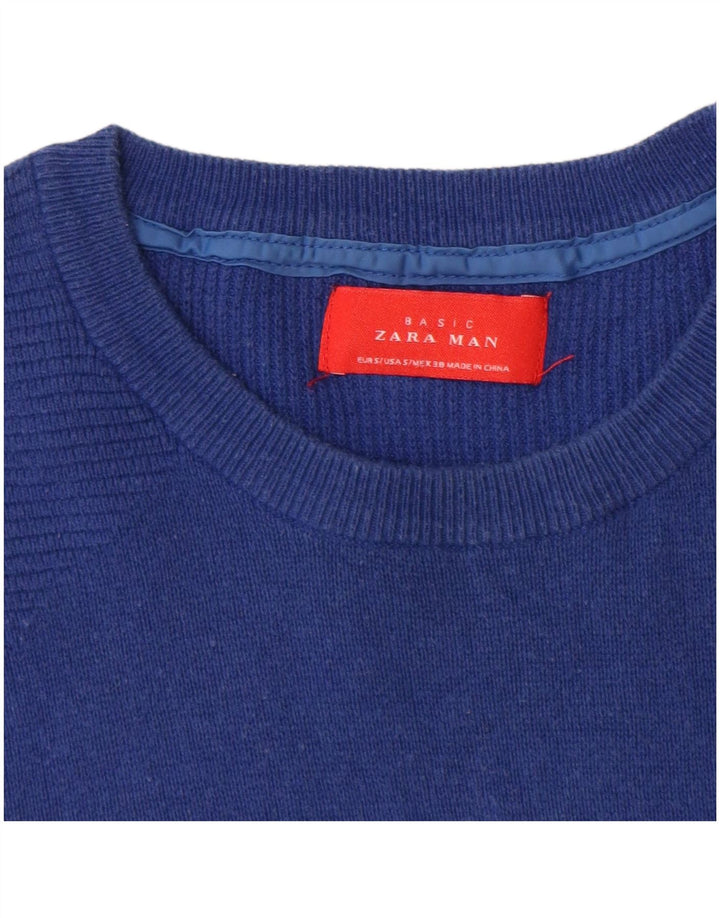 Męski sweter z okrągłym dekoltem Zara, mały, niebieski, bawełniany