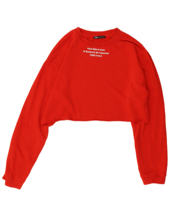 Damska bluza Zara Graphic Crop Jumper UK 14, średnia czerwona bawełna
