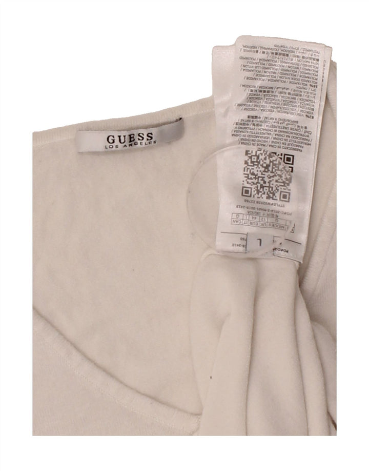 GUESS Womens Graphic V-Neck Jumper Sweater UK 12 Medium Off White Vintage Guess and Second-Hand Guess from Messina Hembry 