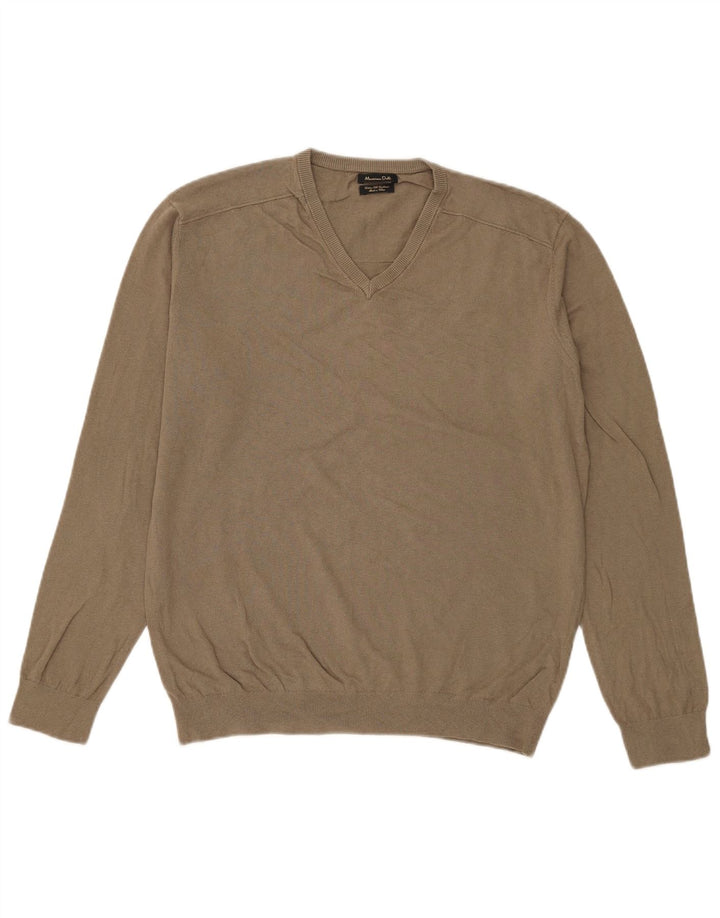 Męski sweter Massimo Dutti z dekoltem w kształcie litery V, duży, bawełniany khaki