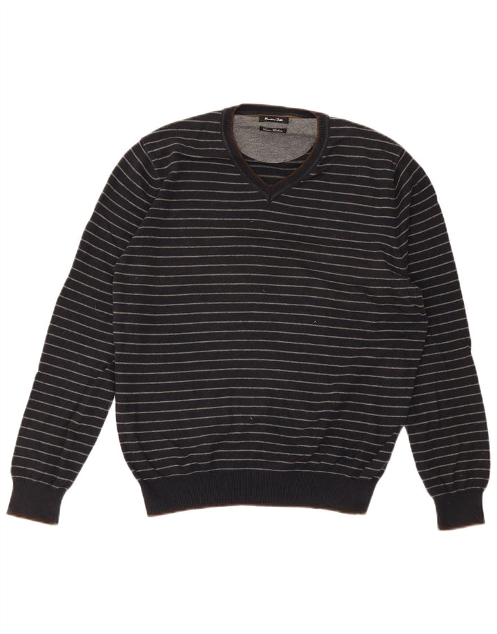 Męski sweter Massimo Dutti z dekoltem w kształcie litery V, bawełniany, w średnim kolorze granatowym w paski