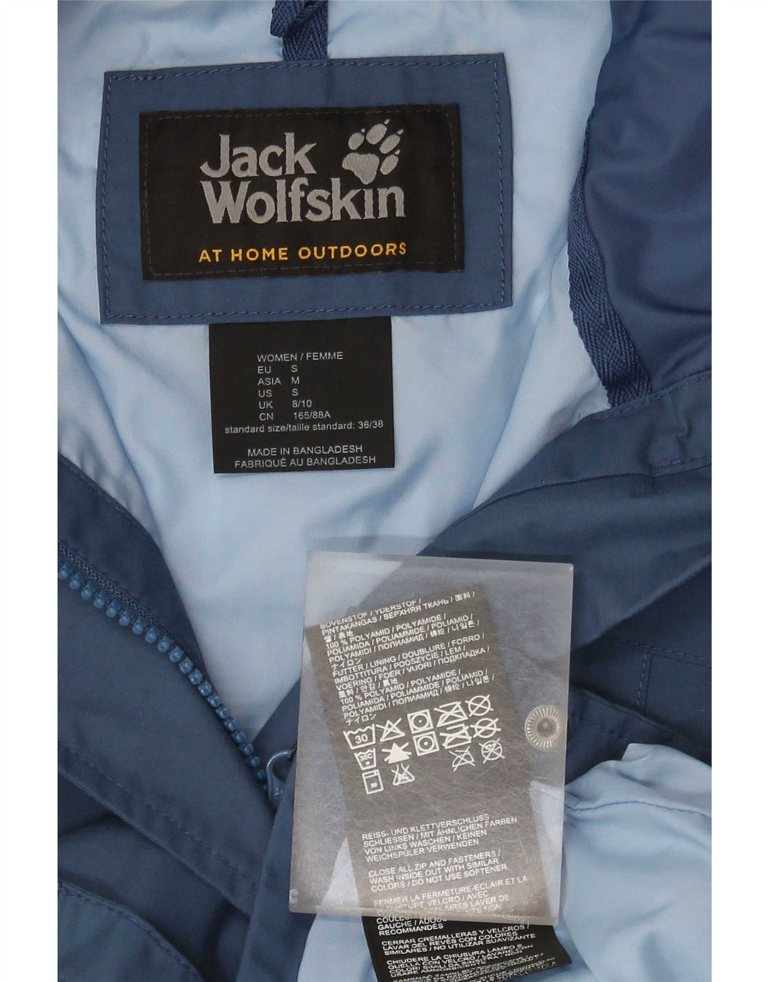 Damski płaszcz przeciwdeszczowy Jack Wolfskin z kapturem, oversize, UK 8/10, mały, niebieski poliamid