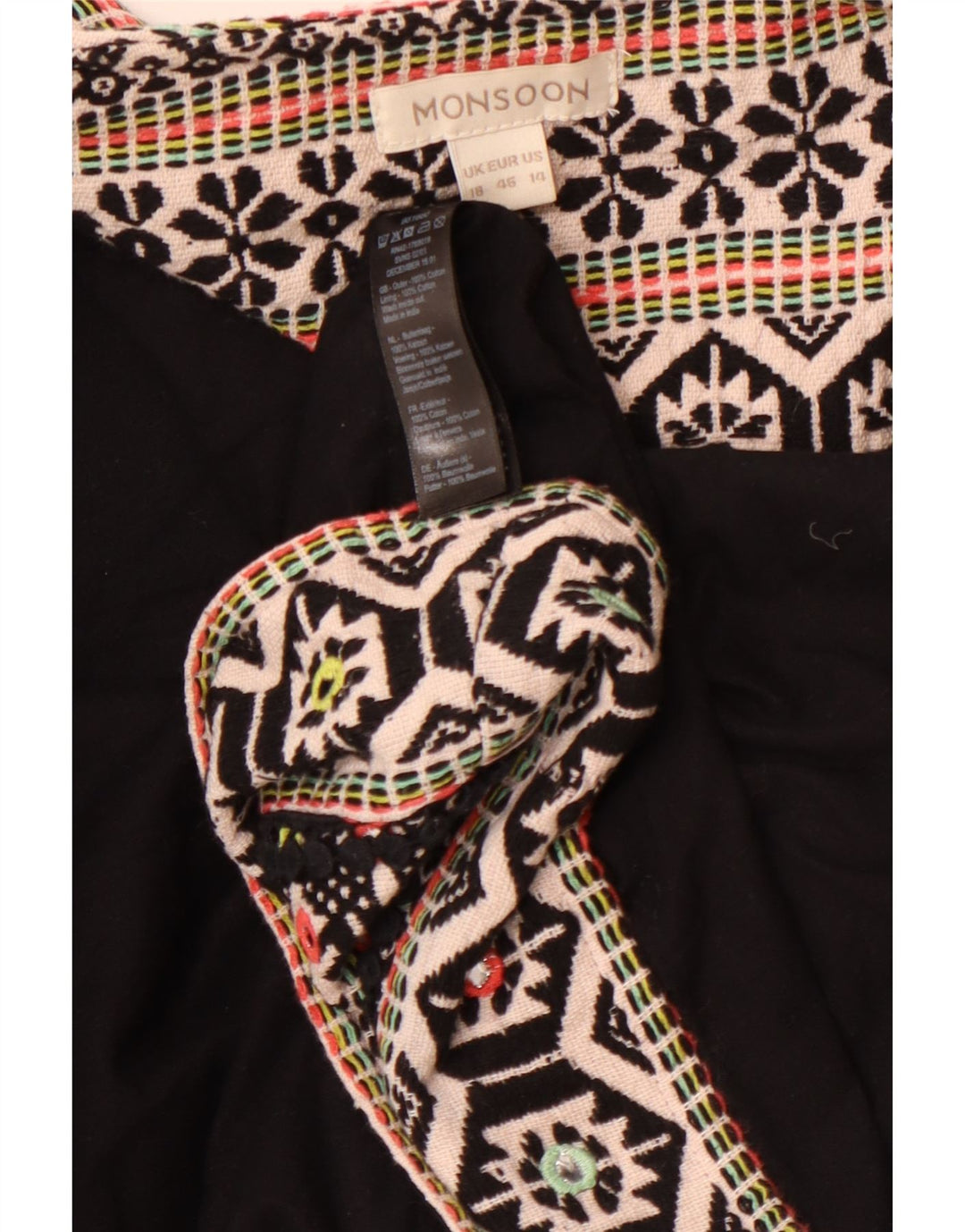 MONSOON Damska otwarta bolerko UK 18 XL, czarna, geometryczna bawełna