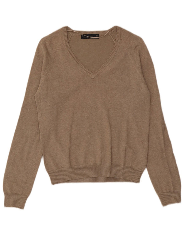 Sweter damski Zara z dekoltem w kształcie litery V, UK 18 XL, brązowy, bawełniany