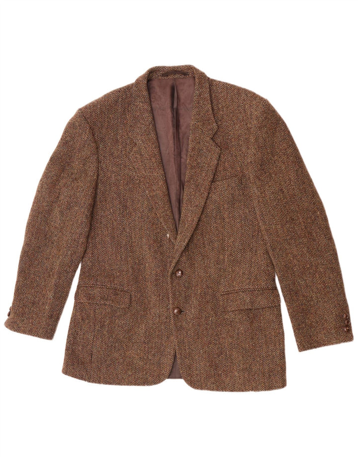 Męska marynarka zapinana na 2 guziki Harris Tweed UK 40 Duża brązowa wełna w jodełkę