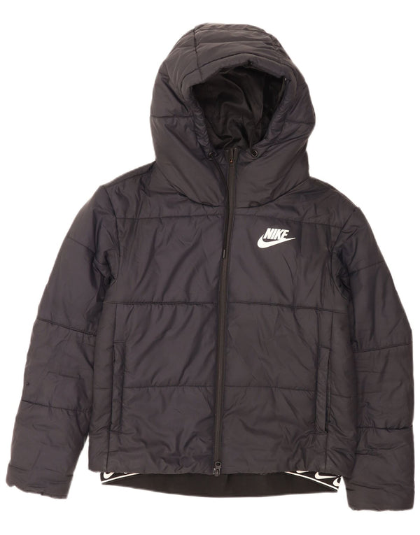 Damska wyściełana kurtka z kapturem i grafiką Nike UK 10, mała, czarna, poliestrowa