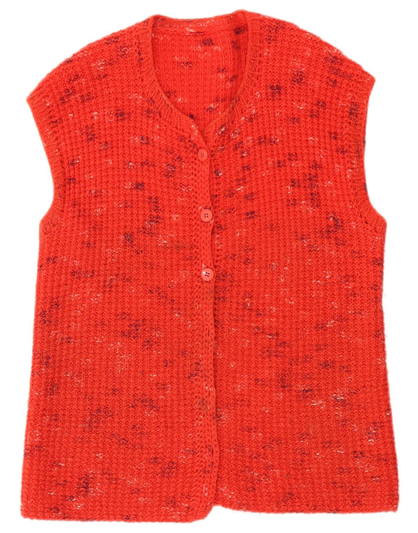 Vintage damski sweter rozpinany bez rękawów UK 16, duży, czerwony nakrapiany