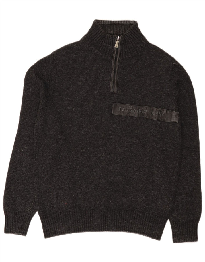 Męski sweter z zamkiem błyskawicznym Trussardi Jeans, mały, szary, wełniany