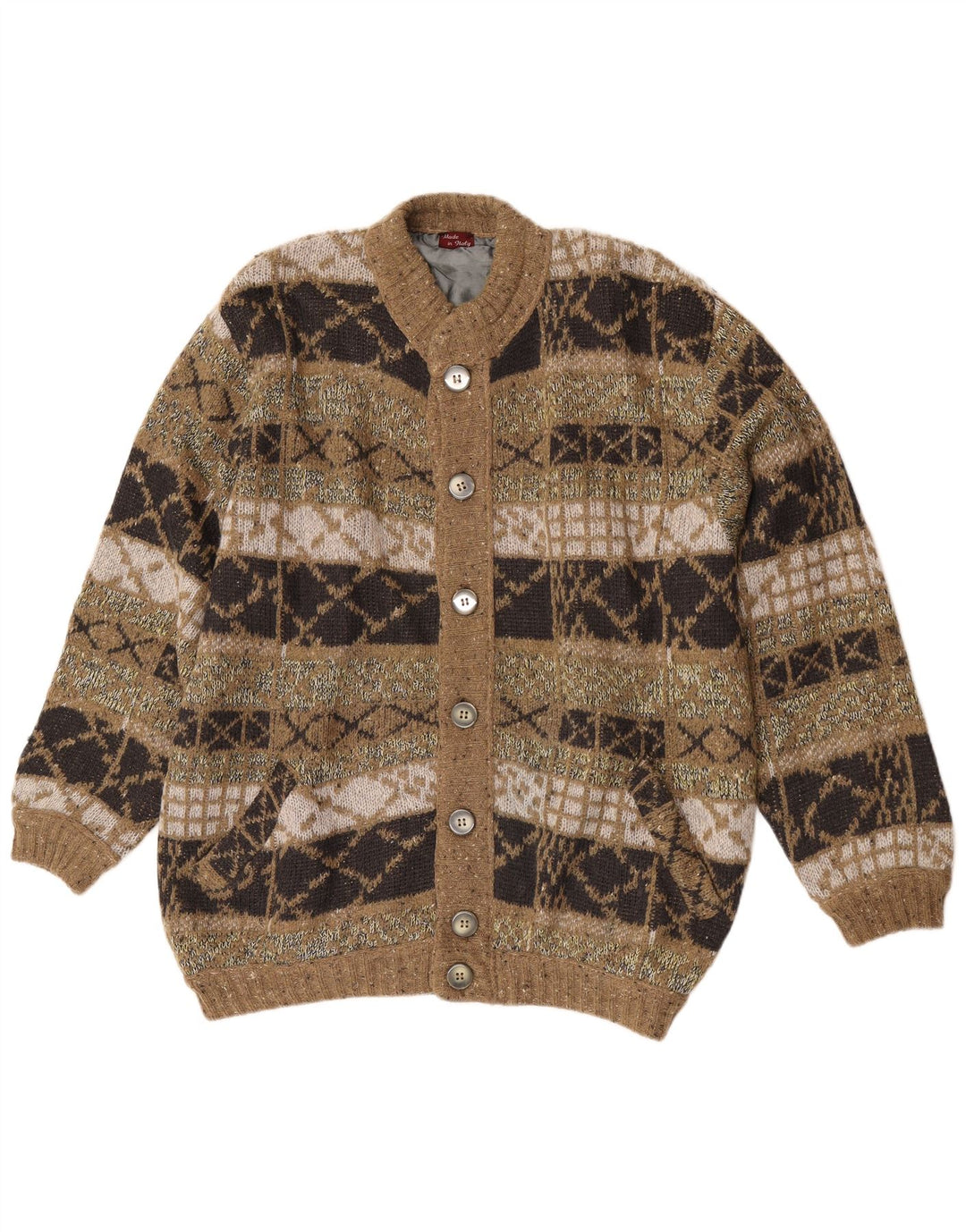 Vintage męska luźna dzianinowa kurtka bomber IT 48 średnio zielona geometryczna
