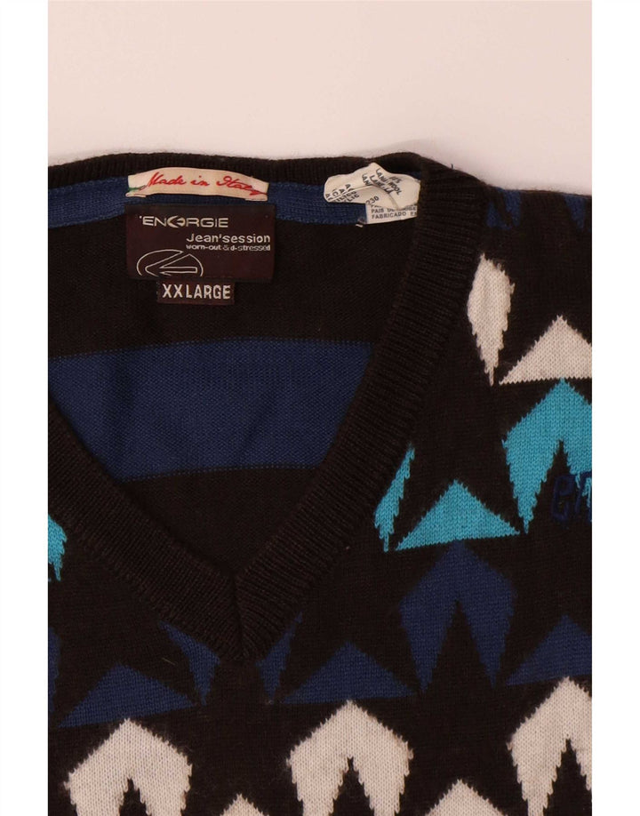 Energie Męski sweter z abstrakcyjnym wzorem i dekoltem w kształcie litery V, 2XL, wielobarwna wełna
