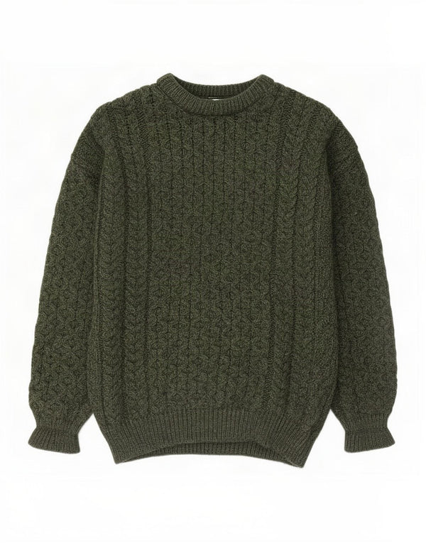 Aran Crafts Męski sweter z okrągłym dekoltem, mały, zielony, z wełny merynosów