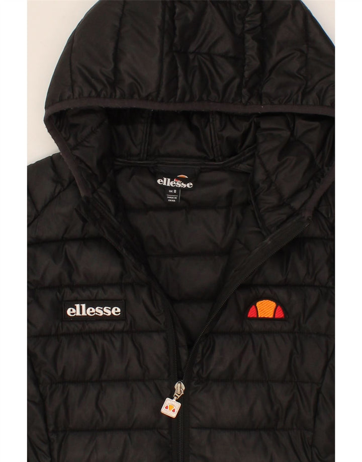 ELLESSE Womens Graphic Hooded Padded Jacket UK 8 Small Black Polyester Vintage Ellesse and Second-Hand Ellesse from Messina Hembry 