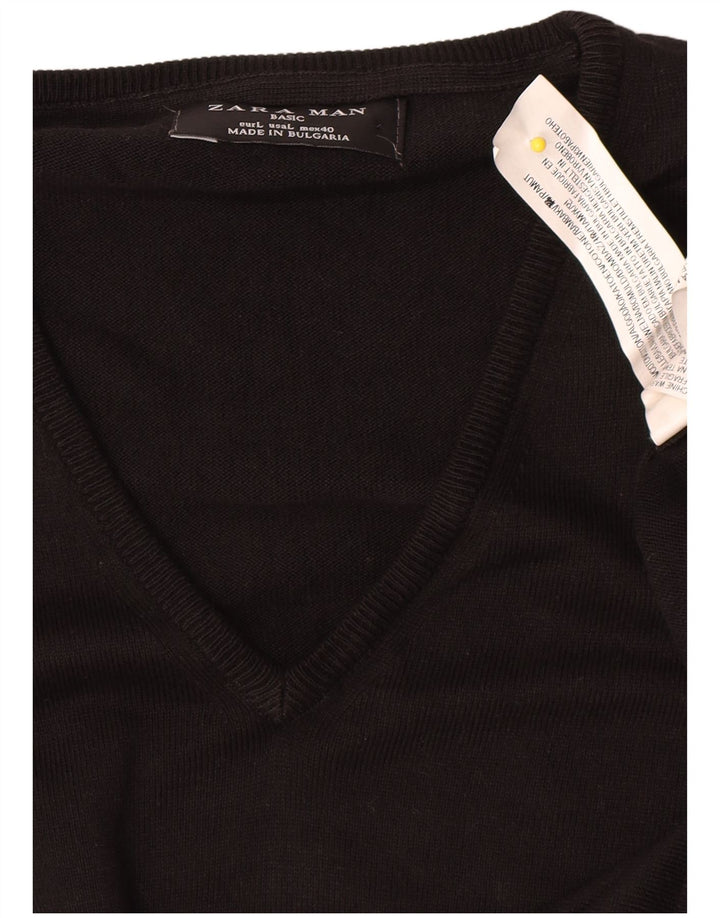 Męski sweter Zara z dekoltem w kształcie litery V, duży, czarny, bawełniany