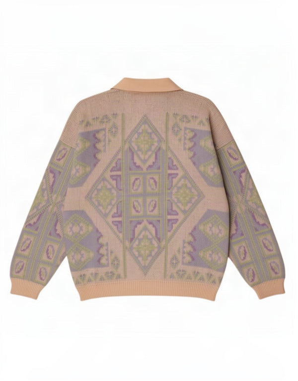 Męski sweter z dekoltem w stylu vintage, duży, beżowy, geometryczny, wełniany