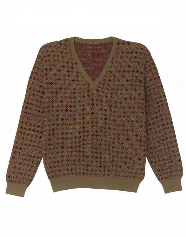 Męski sweter w stylu vintage z dekoltem w szpic, duża, geometryczna wełna khaki