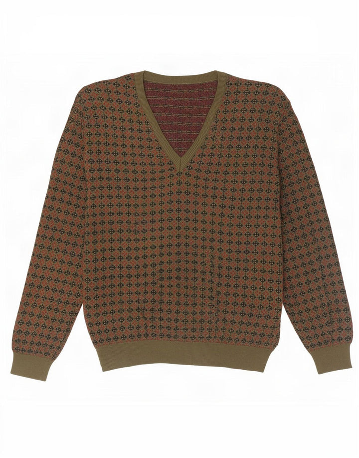 Męski sweter w stylu vintage z dekoltem w szpic, duża, geometryczna wełna khaki
