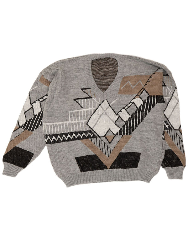 Męski sweter w stylu vintage z dekoltem w szpic, duży, szary, geometryczny akryl