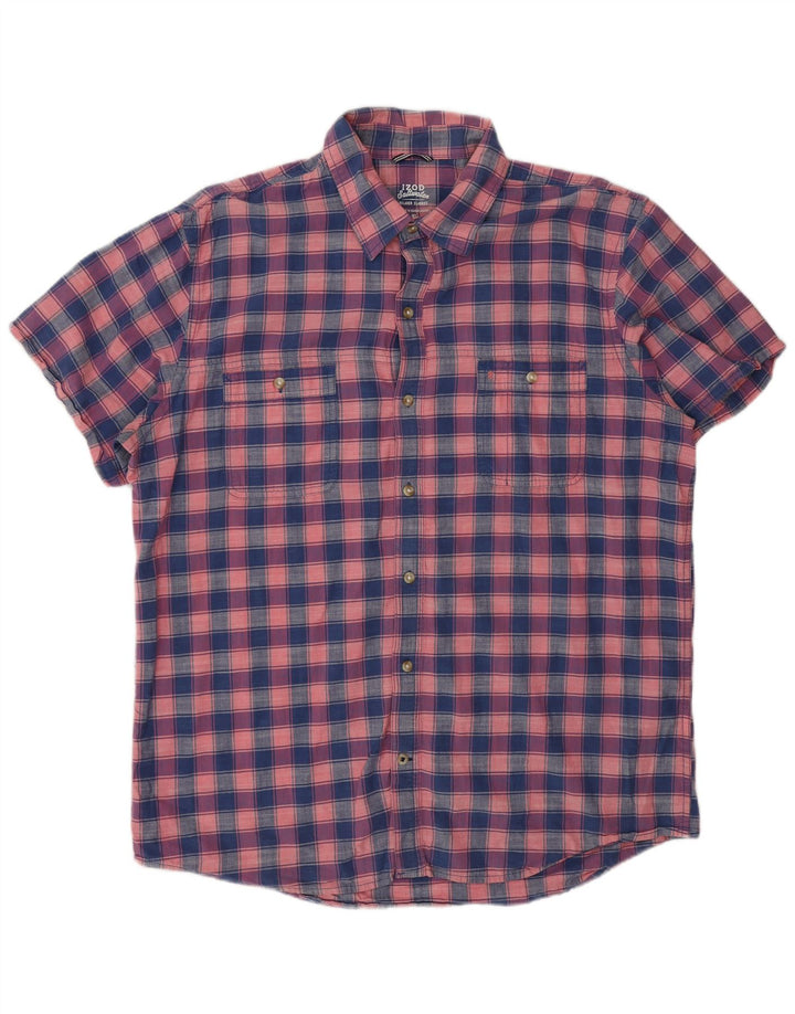 Izod Męska koszula z krótkim rękawem Salt Water XL, granatowa, bawełniana w kratkę