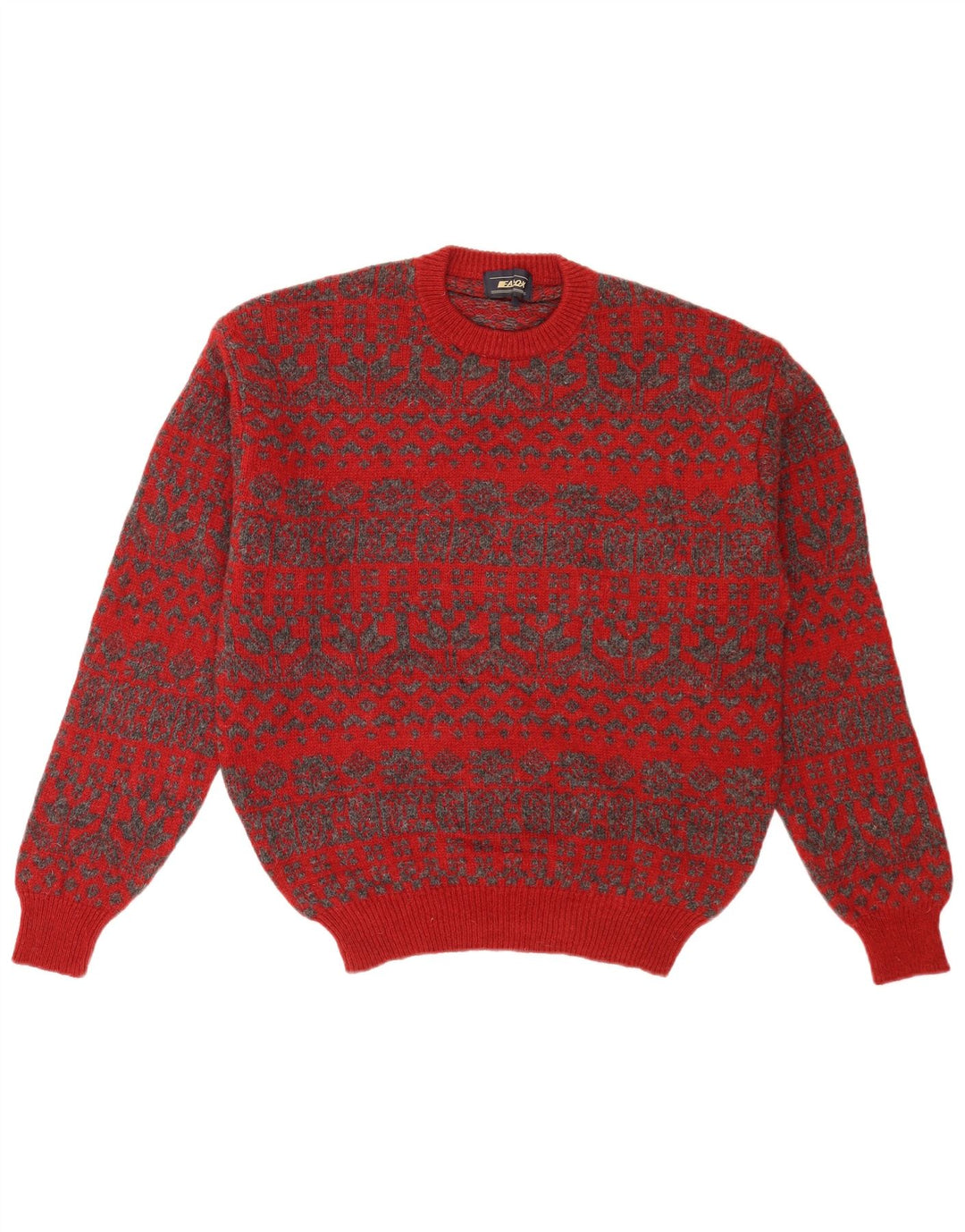 Vintage męski sweter z okrągłym dekoltem, średni czerwony Fair Isle Retro