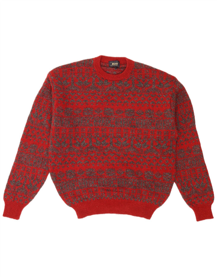 Vintage męski sweter z okrągłym dekoltem, średni czerwony Fair Isle Retro