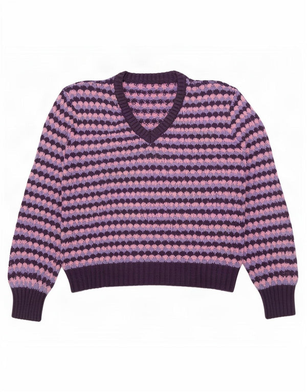 Sweter damski w stylu vintage z dekoltem w szpic UK 16, duży fioletowy geometryczny
