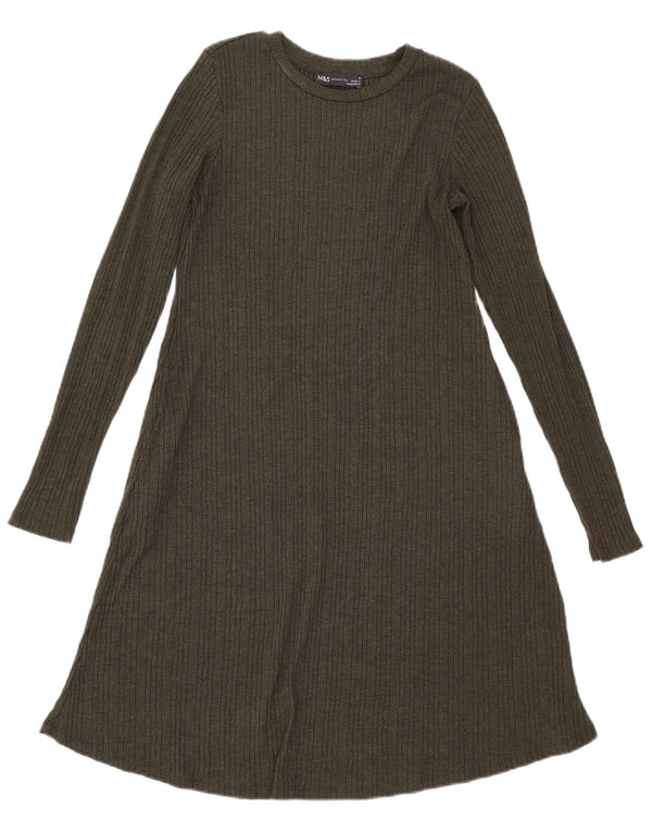 Marks & Spencer Womens Long Sleeve A-Line Dress UK 8 Small Khaki Polyester