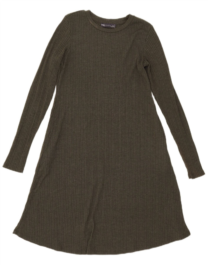 Marks & Spencer Damska sukienka o linii A z długim rękawem, UK 8, mała, khaki, poliester