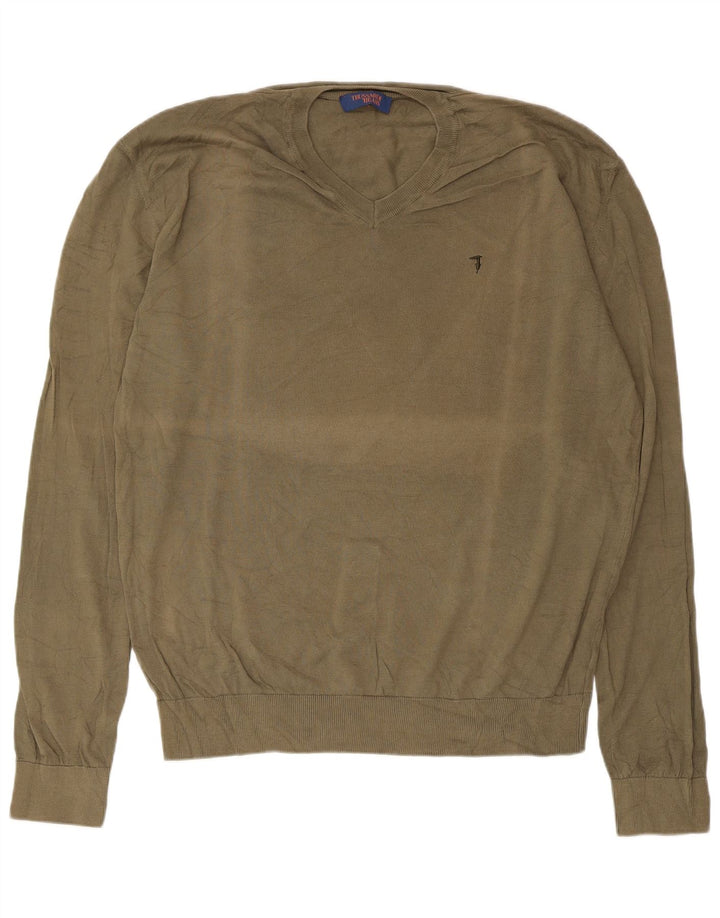 Męski sweter z dekoltem w kształcie litery V, duży khaki, Trussardi Jeans