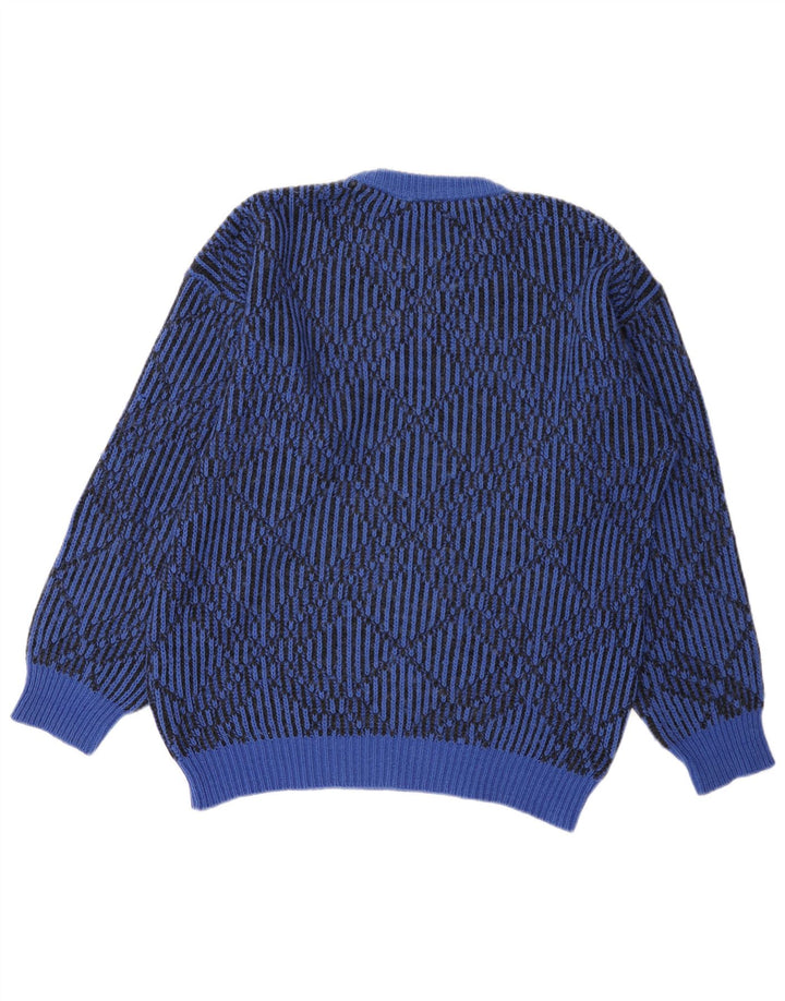Vintage męski sweter z wycięciem pod szyją, duży niebieski geometryczny