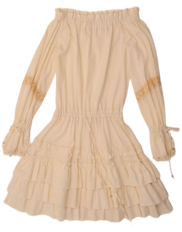 Damska sukienka VINTAGE z długim rękawem i odkrytymi ramionami UK 12, średnia, biała lniana