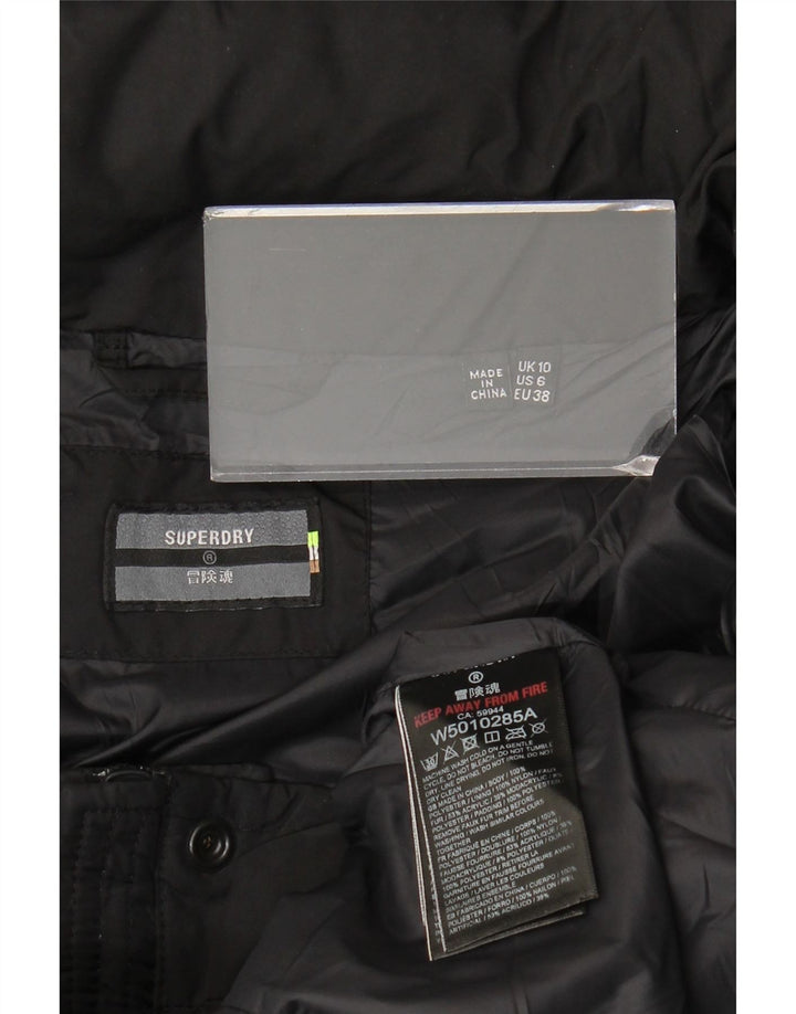 Damski ocieplany płaszcz z kapturem Superdry UK 10, mały, czarny poliester