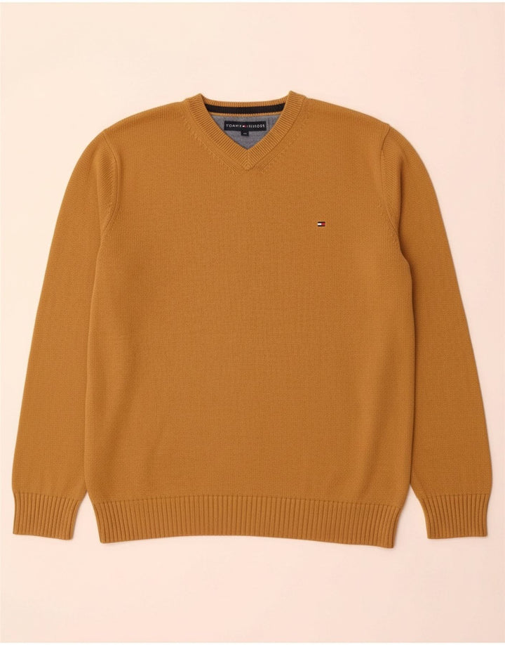 TOMMY HILFIGER Mens V-Neck Jumper Sweater Large Brown Cotton