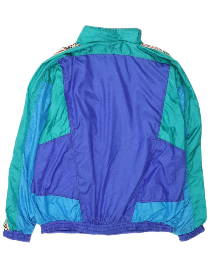 Vintage męski graficzny pełny dres, duży niebieski poliamid z blokami kolorów