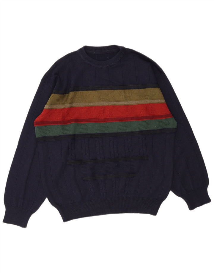 Męski sweter z okrągłym dekoltem w stylu vintage, średni granatowy kolor