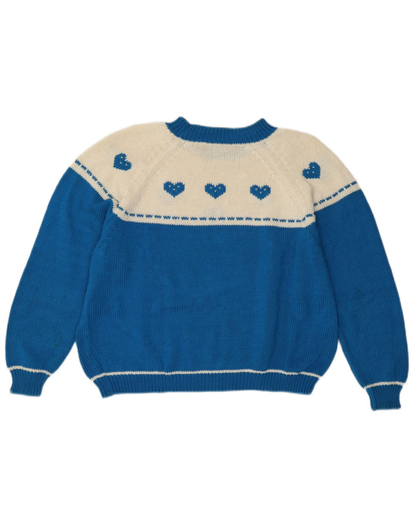 Sweter damski w stylu vintage z okrągłym dekoltem UK 14, duże niebieskie serce z blokami kolorów