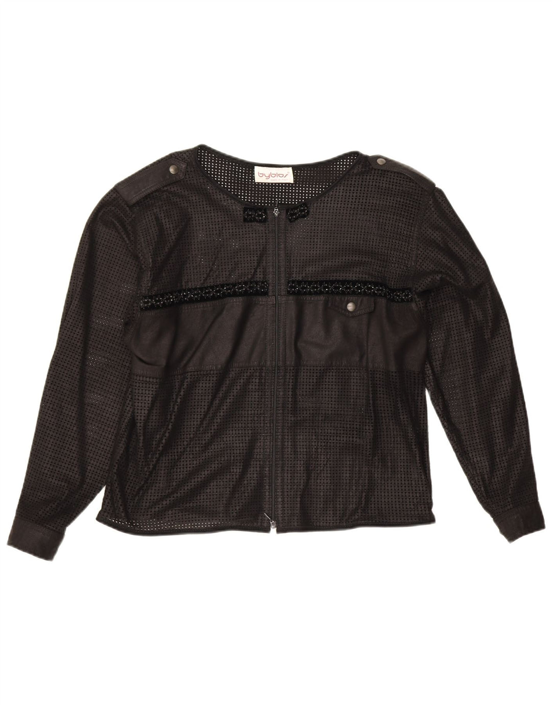 Byblos damski krótki, prześwitujący kardigan Top UK 16, duży czarny geometryczny