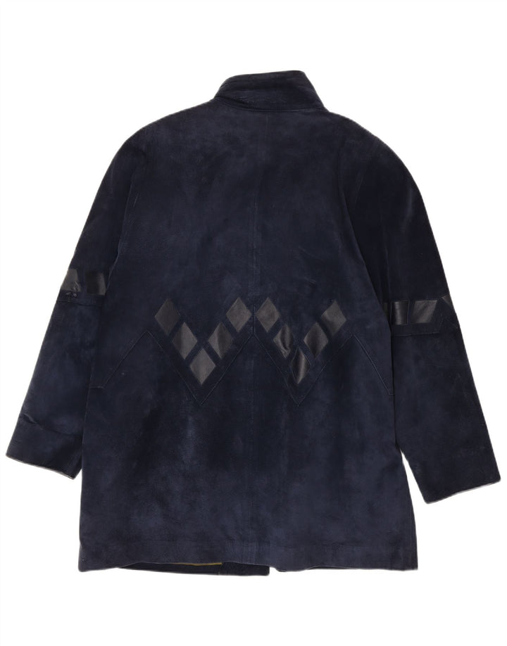 Vintage damski oversize'owy zamszowy płaszcz UK 14, średni granatowy geometryczny