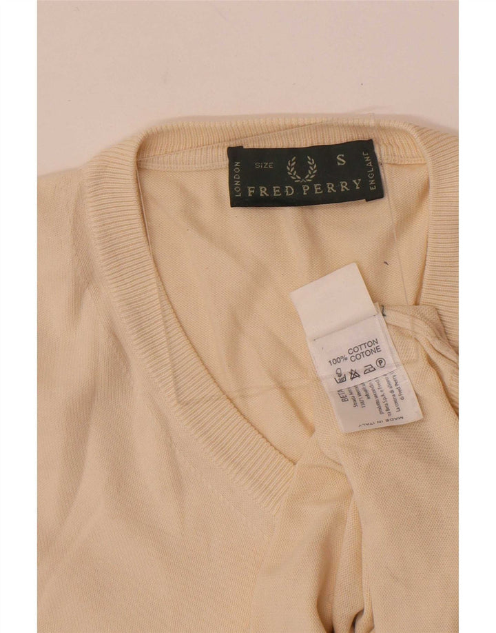 Męski sweter Fred Perry z dekoltem w kształcie litery V, mały, z białej bawełny