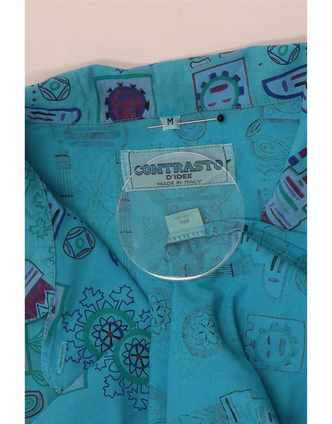 Vintage damska koszulka polo bez rękawów w abstrakcyjny wzór UK 14 Medium Blue