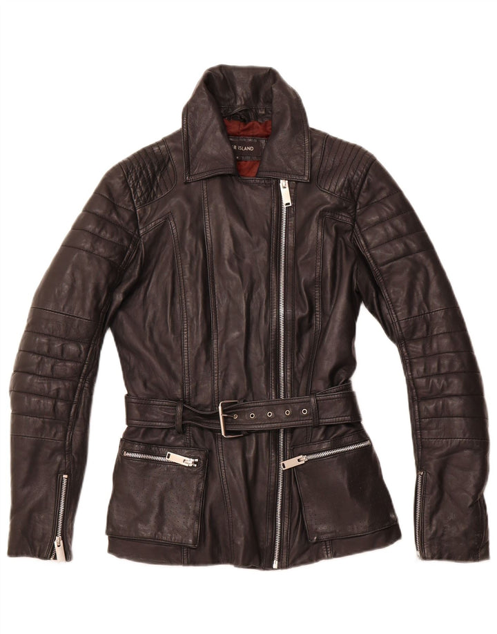 RIVER ISLAND Womens Leather Biker Jacket UK 8 Small  Black Leather
